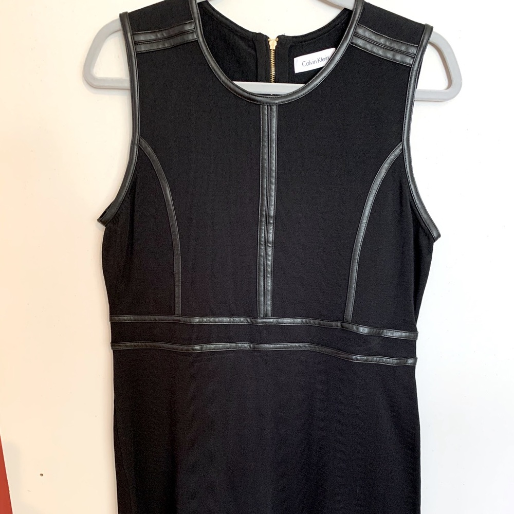 Calvin Klein sleeveless faux leather detail sheath dress